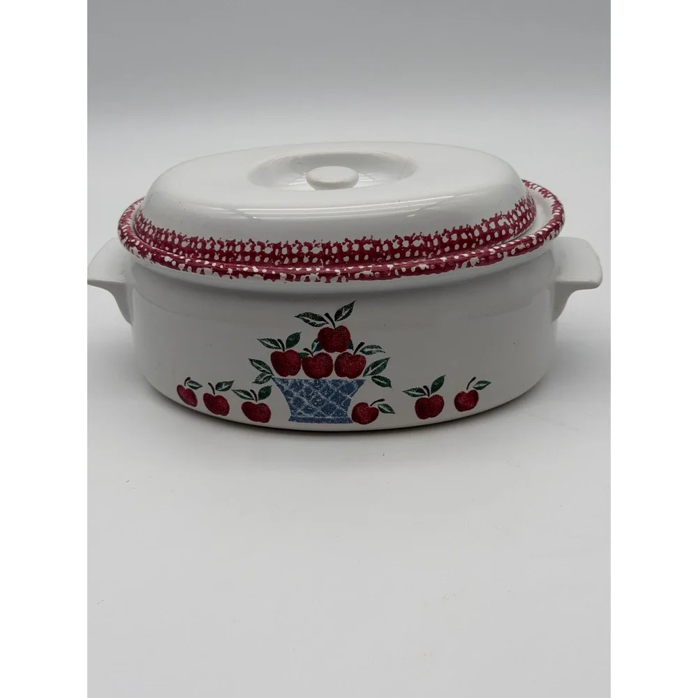 Vintage Apple Basket Oval Ceramic Casserole Dish with Lid Red Spongeware Trim